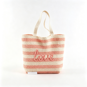Customized Striped <b>Straw</b> Love Tote <b>Bag</b>, Woven <b>Straw</b> <b>Beach</b> Shoulder Tote, Brown Cream Striped <b>Straw</b> Handbag - Product Image 5