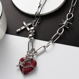 Модная винтажная Серебряная толстая цепь в стиле панк, ожерелье с кулоном в виде красного обшитого сердца и Креста, Y2K, Индивидуальные ювелирные изделия для женщин