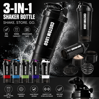 Vente en gros de bouteilles de shaker à protéines 3 en 1 de 500 ml avec compartiment pour poudre et boîte à pilules, sans BPA, étanches, en PP, pour la salle de sport, logo personnalisé