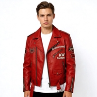 Blouson de motard en cuir rouge OEM pour homme, personnalisé par le fabricant, avec appliques brodées, gaufrage et patchwork en cuir de vachette
