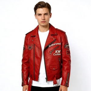 Giacca da Motociclista in Pelle Rossa Impermeabile OEM Originale di Fabbrica, Personalizzata per Uomo con Applicazioni, Ricami, Goffrature e Patchwork in Pelle Bovina - Product Image 6