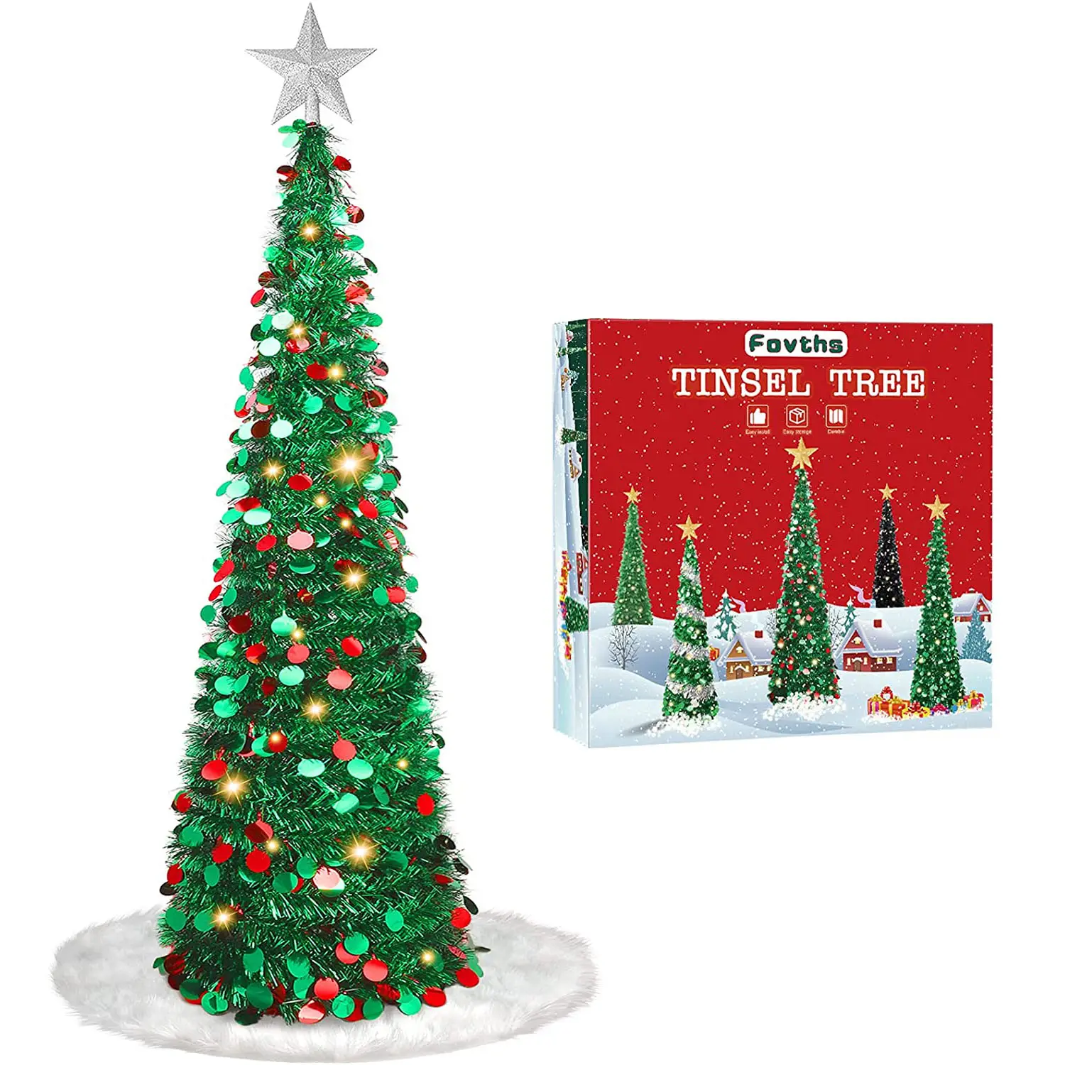 Nicro Foldable Christmas Artificial Green Tinsel Tree Shrink Collapsible Easily Topper Xmas Indoor Fireplace Outdoor Decoration