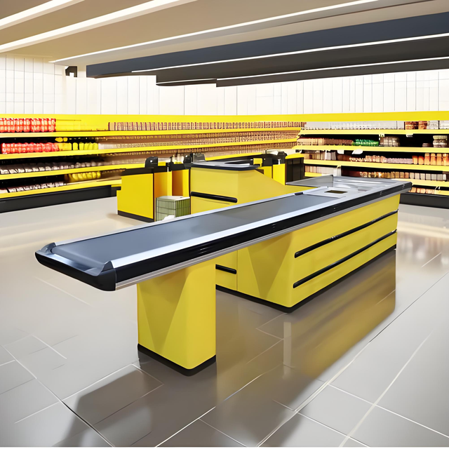 Steel Supermarket Checkout Counter with Conveyor Belt Electric Cashier Table for Retailer Shops