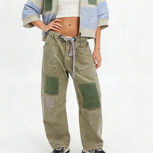 Pantalones vaqueros anchos de mezclilla con cordón y parches para mujer, estilo cargo con salpicaduras de pintura, moda Sehe - Product Image 1