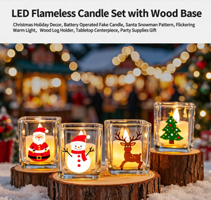 Bougies LED blanc chaud de Noël avec base en bois, lot de 4 |   Centre de table de Noël sans flamme avec boutons décoratifs Père Noël, Bonhomme de neige et Renne - Product Image 4
