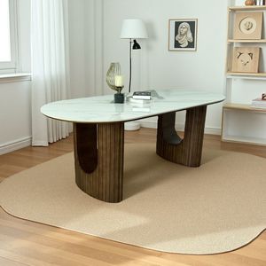 Table à manger ovale en bois avec plateau en marbre, fabriquée à la main pour salle à manger - Product Image 1