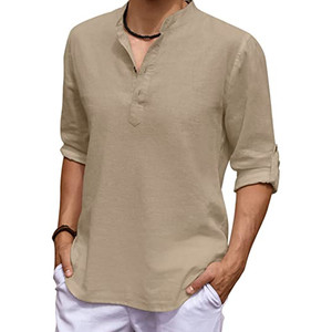 เสื้อเชิ้ตแขนยาวผู้ชายสีขาวผ้าฝ้ายลินินแบบสบายๆ สไตล์ฮีปปี้ เหมาะสำหรับใส่ไปชายหาด เล่นโยคะ ทรงหลวม - Product Image 5