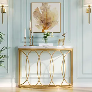 Table console minimaliste et moderne en bois avec dessus en marbre pour salon de style européen avec cadre en or pour couloir, entrée, escalier
