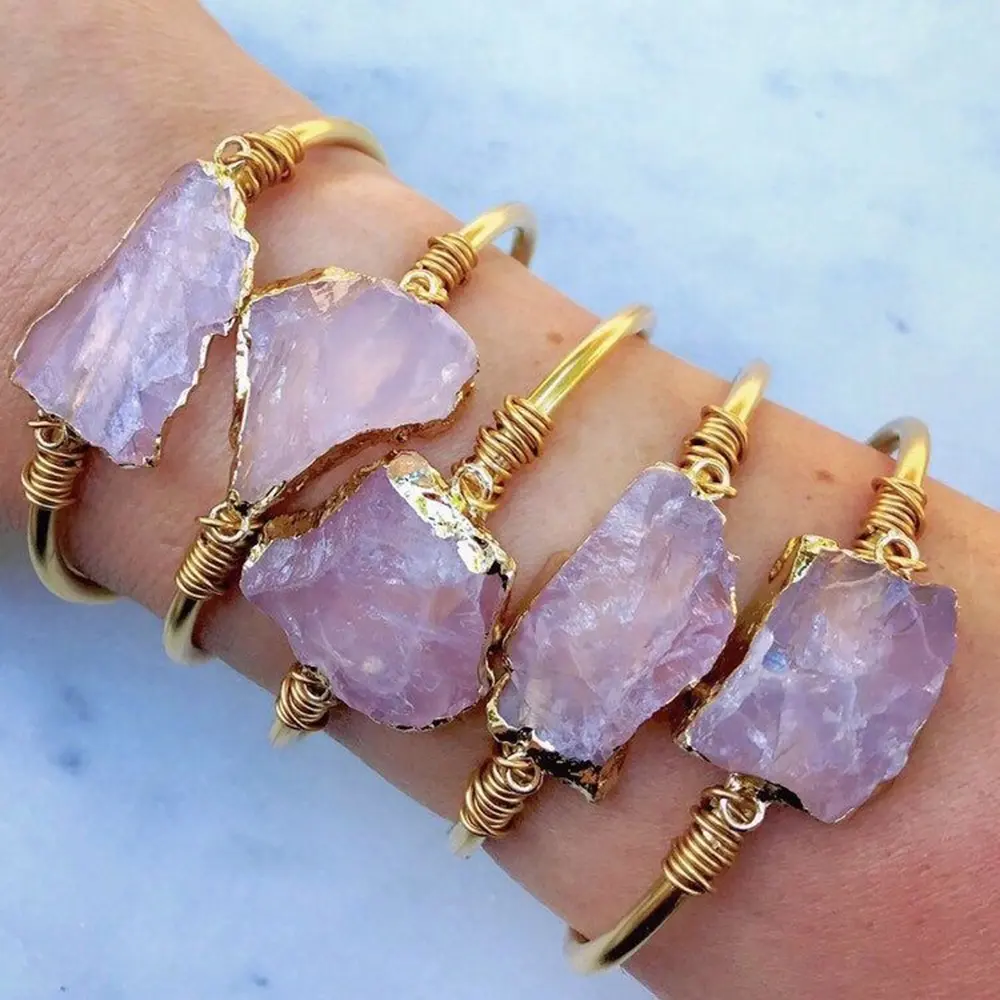 LS-A874 raw madagascar pulseira de quartzo rosa, incrível, natural, com fio de ouro, envoltório, pulseira, moda, joias para festa