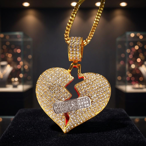 Collar con Colgante de Corazón Roto Chapado en Oro, Colgante con Moissanita, Joyería Hip Hop con Incrustaciones de Diamantes para Unisex - Product Image 3