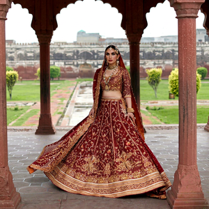 Burgundy Bridal <b>Lehenga</b> Set Floor-Length Traditional Heavy Embroidered A-Line Silhouette Wedding Blouse Dupatta Net Party Outfit - Product Image 1