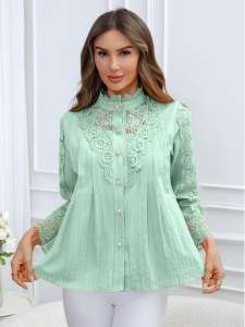 Camisa de Oficina para Mujer Primavera/Verano 2026 con Decoración de Encaje, Manga Larga, Tejido de Punto de Algodón, Corte Regular, en Existencia, desde Georgia - Product Image 2