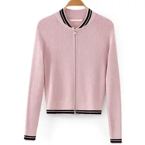 Fabricant de tricots Veste de baseball personnalisée Cardigan tricoté coupe étroite Pull zippé pour femmes