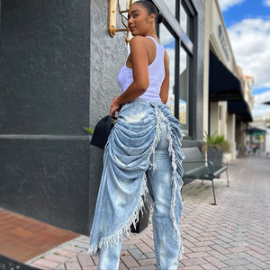 Tendance 2026 Nouveauté Jeans en denim décontracté pour femmes à taille haute, à bords effilochés et froncés, pour la rue et les soirées - Product Image 5