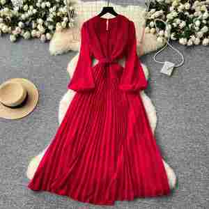 Vestido Midi Plisado Delgado de Verano 2025 para Mujer, Sostenible, Casual, Transpirable, Tejido, con Manga Linterna, Corte Imperio, Lavable y Antiestático - Product Image 4