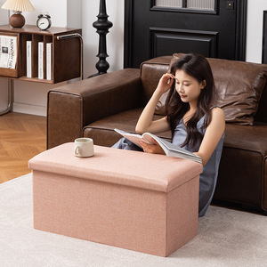 Cotton Linen <b>Storage</b> <b>Stool</b> Box Foldable Large Capacity Home Living Room Ottoman Solid Color Apricot Pink Gray - Product Image 1