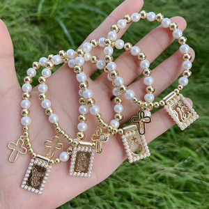 BB1058 Chic cuentas <span class=keywords><strong>de</strong></span> bola chapadas en oro <span class=keywords><strong>de</strong></span> 18 quilates y cuentas <span class=keywords><strong>de</strong></span> perlas Virgen María Carmel corazón asustado y pulseras <span class=keywords><strong>de</strong></span> escapularios con <span class=keywords><strong>abalorios</strong></span> <span class=keywords><strong>de</strong></span> Cruz abierta - Product Image 2
