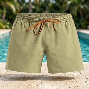 Shorts de Playa para Hombre, Color Verde Oliva Sólido, Secado Rápido, Cintura Elástica, Tejido Medio, Poliéster, Traje de Baño - Product Image 1