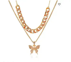 Collier complet en diamant double couche bijoux en plaqué diamant collier en or rose papillon à la mode en argent vente en gros de logo personnalisé