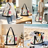 Sac de shopping en toile à imprimé hibiscus et plumeria hawaïen tendance avec fermeture éclair et longues poignées de transport