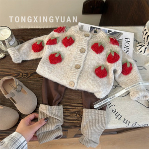 Tongxingyuan Baby Girls Strawberry Cardigan Sweater Set With Leggings Spring Autumn Thin Breathable Pants Set - Product Image 1
