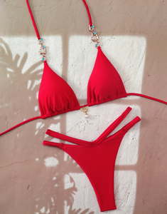 Conjunto de Bikini Rojo Sexy de 2 Piezas con Colgante de Perla de Mariposa, Traje de Baño para Mujer para Vacaciones en la Playa - Product Image 2