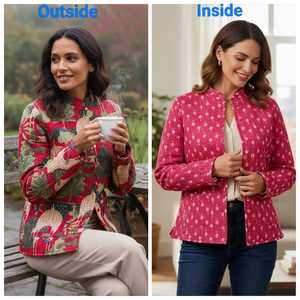 เสื้อแจ็คเก็ตผ้าควิลท์แบบกลับด้านได้ งานแฮนด์เมดจากเมืองชัยปุระ ลายพิมพ์ชาติพันธุ์ ผ้าฝ้าย อุ่นสบาย เหมาะสำหรับฤดูหนาว สำหรับผู้หญิง - Product Image 1