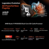   Processeur de bureau Ryzen 9 9950X, 16 cœurs 32 threads, 80 Mo de cache total, jusqu'à 5,7 GHz de fréquence maximale, processeur AM5 déverrouillé