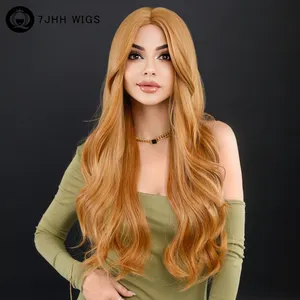 Synthetic Curly Hair Long Ginger Wigs With Bangs Women Middle Part Light Brown Pelucas For Drag Queen And Daily