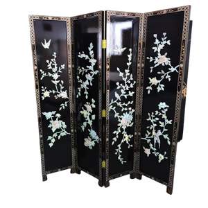 <span class=keywords><strong>Paravent</strong></span> antique en laque noire et nacre |   Écran pliable incurvé pour la décoration de la maison, cadeau d'anniversaire - Product Image 1
