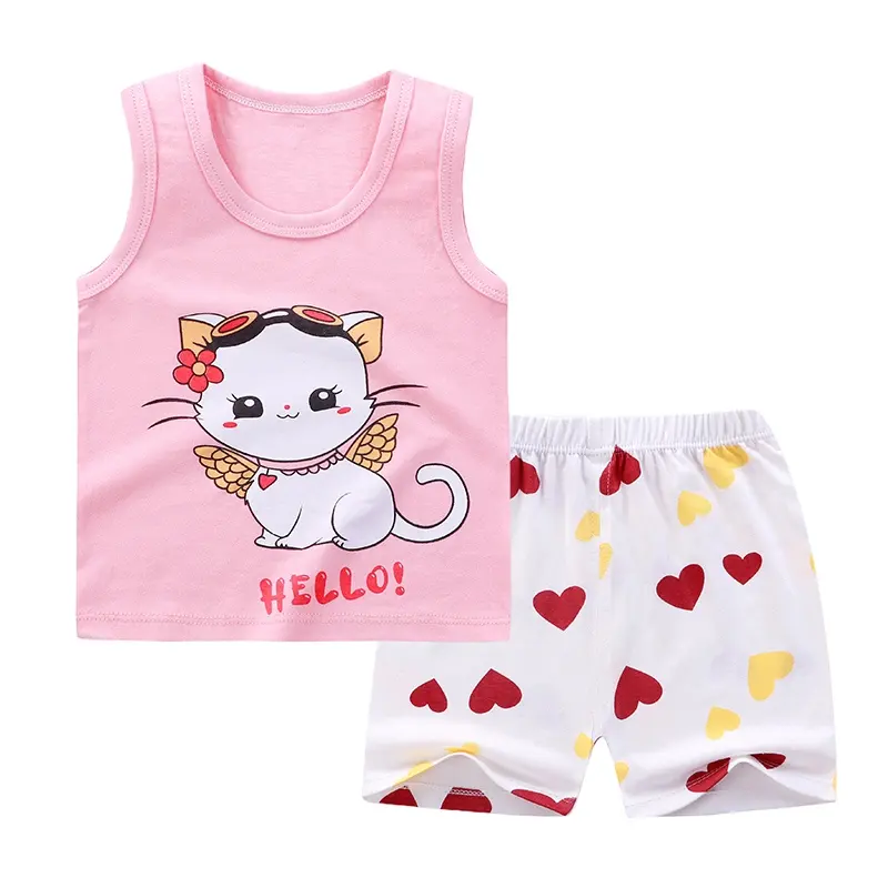 Одежда для новорожденных, летняя хлопковая трикотажная одежда без рукавов, комплект детской одежды из 2 предметов