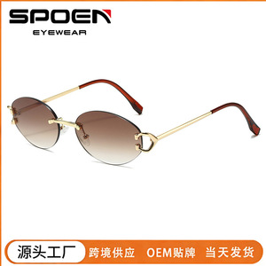 Lunettes de soleil ovales sans monture UV400, mode féminine, protection solaire, verres bleus - Product Image 2