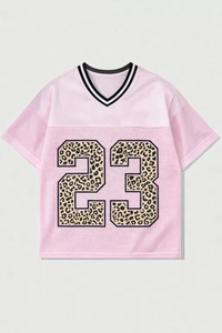 Jersey Deportivo Corto Personalizado con Estampado de Leopardo Rosa para Mujer, Talla Grande, Cuello en V, Estilo Holgado, Jersey de Fútbol - Product Image 3