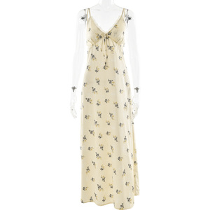 Vestido Largo de Satén de Seda Estilo Europeo Americano con Cuello en V y Estampado Floral, Cintura Ajustada, Elegante para la Noche - Product Image 5