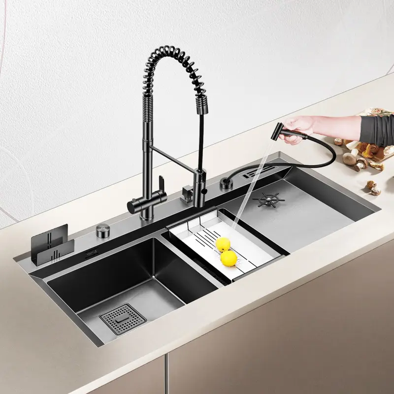 Nano Handmade Sink with Cup Washer with Drain and Kitchen Faucet Black Carton Box White Square 3mm Modern Brushed Kitchen Zink
