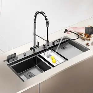 纳米手工水槽，带洗杯器，带排水管和厨房水龙头黑色纸箱白色方形3毫米现代拉丝厨房Zink