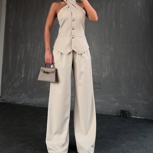 ชุดเซ็ตแฟชั่น 2 ชิ้น เสื้อกล้ามแบบผูกคอและกางเกงเอวสูง สไตล์ลำลองสำหรับผู้หญิง คอลเลคชั่นใหม่รับซัมเมอร์ - Product Image 3