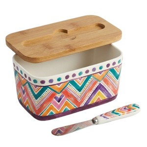Beurrier en céramique avec couvercle en bois et couteau, motif zigzag bohème, forme rectangulaire, pour la cuisine - Product Image 1