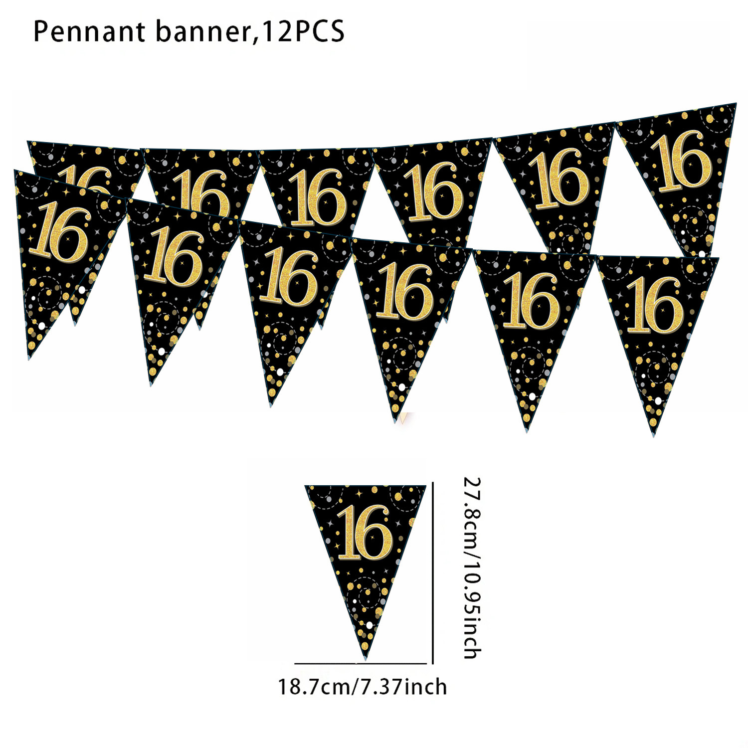 Banderines triangulares, 12 unidades - negro y dorado - 16 años.