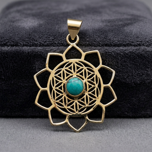 Colgante de piedra turquesa con diseño de flor, semilla de lubina de la vida, indio, Tribal - Product Image 3