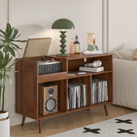 Meuble de rangement pour tourne-disque avec ports de charge et USB, style Mid-Century Modern, en noyer, avec alimentation intégrée