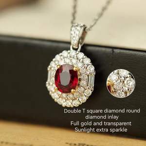 Colgante de Halo con Rubí Cultivado en Laboratorio de Corte Ovalado de Lujo y Diamantes de Laboratorio, Colgante en Capas de Oro Puro de 18K con Piedra de Nacimiento de Julio, Regalo para Ella - Product Image 2