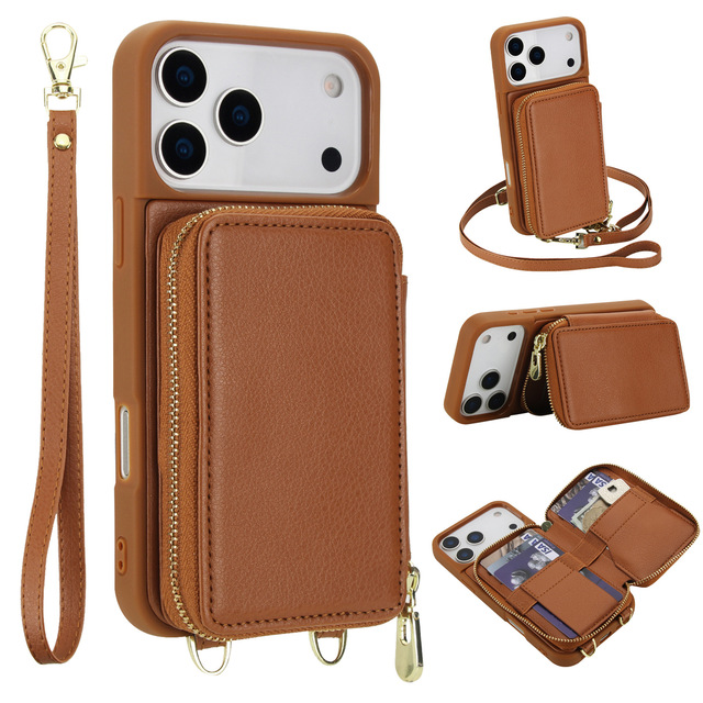 Leather Crossbody Phone Case for iPhone 16 E 14 Plus Zipper Wallet Pouch Detachable Strap Multi-Function Cover 17 Air 13 pro max