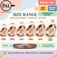 Lot de Plats de Dîner en Acier Inoxydable, Motif Tournesol en Relief, Bord Ondulé, 30 35 40 45 48cm, Épais, Poli Miroir, Empilable
