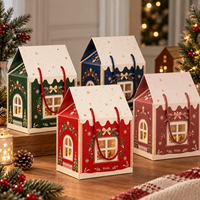 Scatola di Cartone Pieghevole a Forma di Casa con Finestra, Manico in Corda Rossa, Decorazione Natalizia, Confezione Regalo Personalizzata Stampata