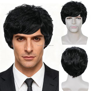 JAMBALAYA Hair Factory Supplies Perruques de mode masculine, perruques synthétiques noires courtes bouclées pour hommes européens et américains, avec bandeaux - Product Image 1