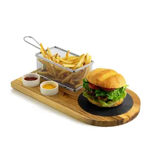 Ensemble de service pour hamburger de cuisine et de table comprenant un panier à frire en acier inoxydable Plateau de service pour hamburger en bois d'acacia avec bol à tremper