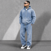 Ensemble streetwear pour homme, veste à capuche zippée oversize en denim délavé dégradé et jean baggy à taille élastique avec cordon de serrage