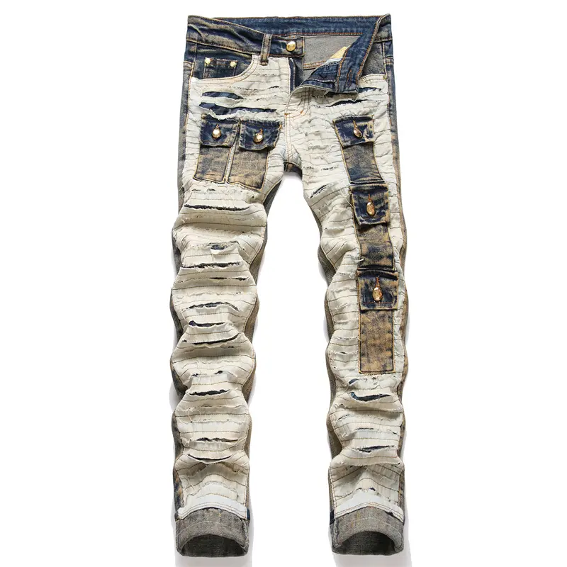 Jean patchwork cassé coupe rétro pour hommes européens et américains contraste de couleur pantalon extensible multi-poches petit pied