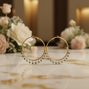 Orecchini a Cerchio E770 in Oro con Nappe di Cristallo Blu, Stile Bohémien, Gioielli da Donna per Uso Quotidiano - Product Image 2